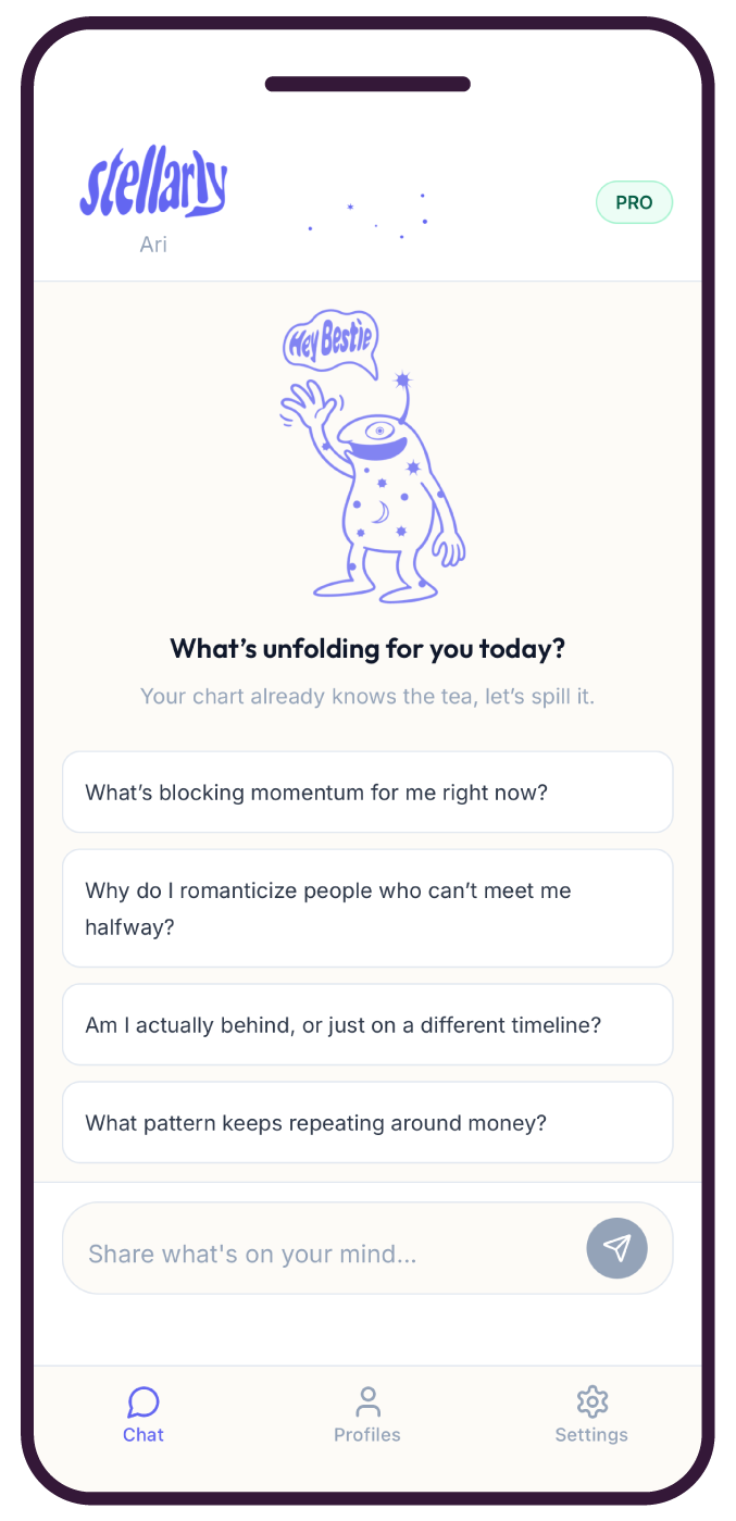 Stellarly chat guide showing personalized astrology insights